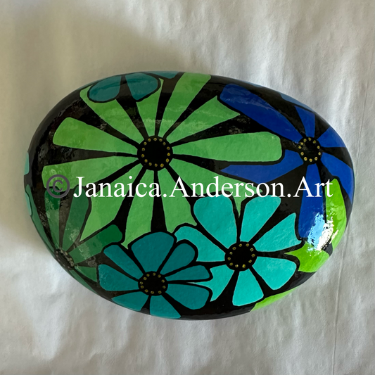 Flower Power No.2 (greens/blues) - Hand Painted Stone