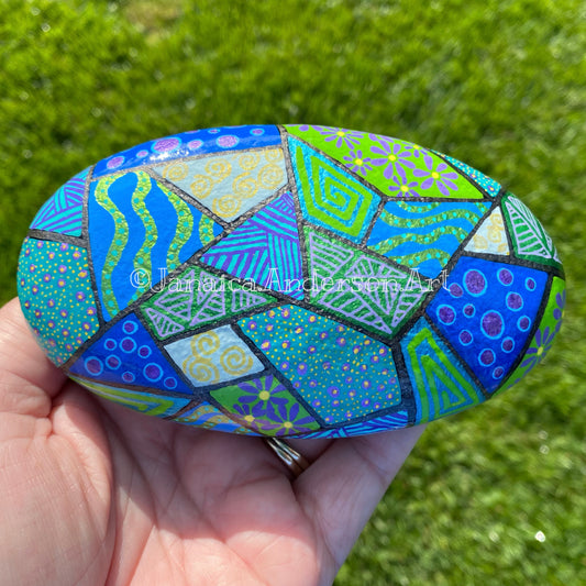 Patchwork (blue/green/purple) - Hand Painted Stone